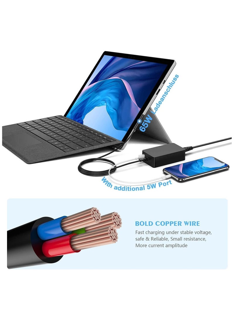 يوك - محول شاحن كمبيوتر محمول Microsoft بقدرة 65 وات 15 فولت متوافق مع Microsoft Surface Pro X/8/7/6/5/4/3، وSurface Book 3/2/1، وSurface Go 3/2/1 أسود - Image 1
