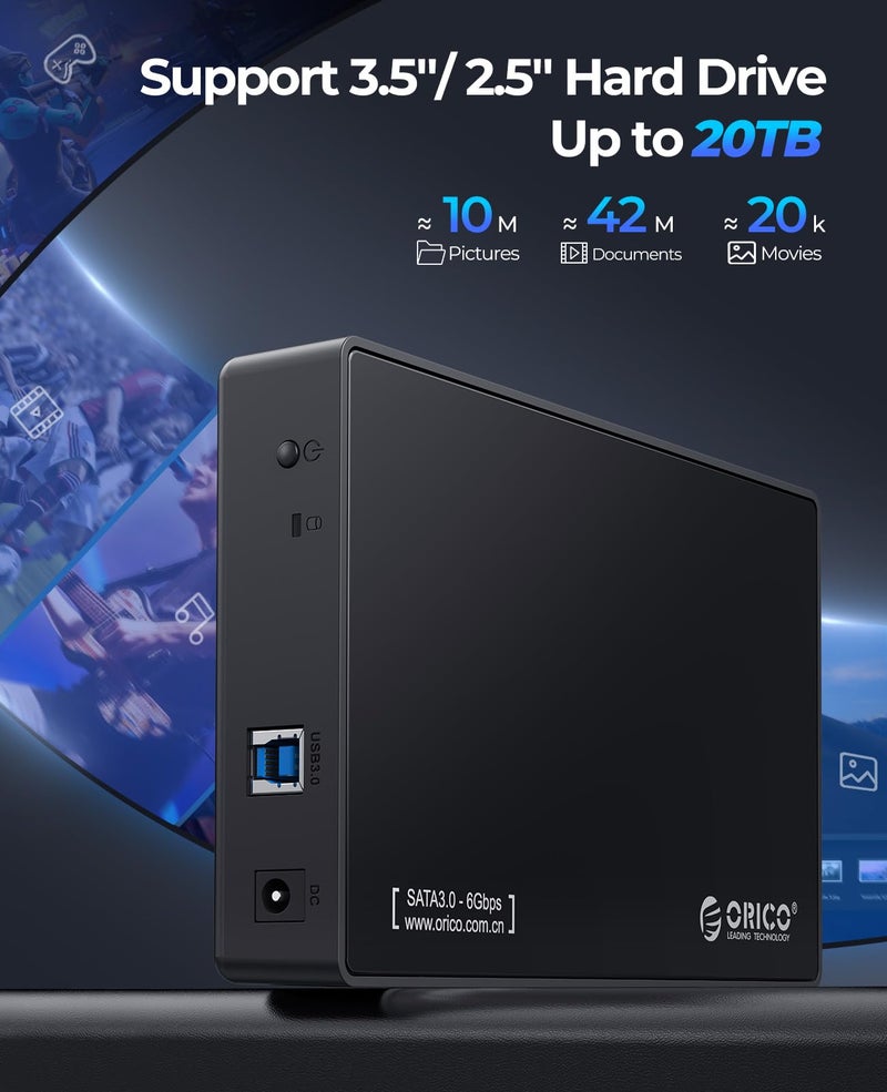 ORICO USB 3.0 External Hard Drive Enclosure for 3.5/2.5 Inch SATA Hard Drives/SSD Up to 20 TB, 3.5'' Tool-Free HDD Enclosure with 12V/2A Power Supply and UASP Acceleration (3588US3) - Image 5