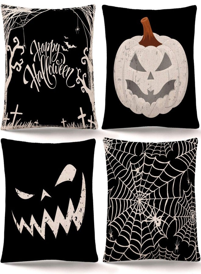Whaline Happy Halloween Pillow Cover Pumpkin Spider Web Pillow Case Black Linen Throw Cushion Cover Cushion Cases for Home Office Halloween Sofa Bed Decoration, 18" x 18" (4Pcs) - Image 1