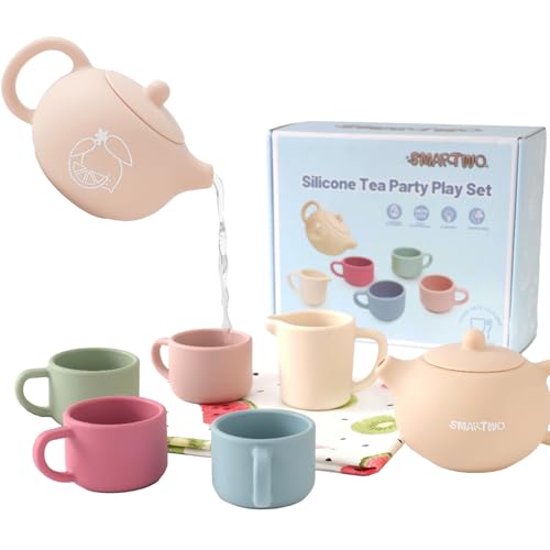Smartwo Silicone Tea Set for Toddlers Aged 0 MonthsReal or Play Tea Party Set for KidsNonToxic Baby Kitchen ToysCute Morandi Children Gift Suitable for Little Girl Boywith Washable Cloth Napkin - Image 1
