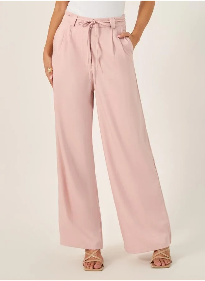 Styli Wide Leg Pants with Pleats and String Tie Belt