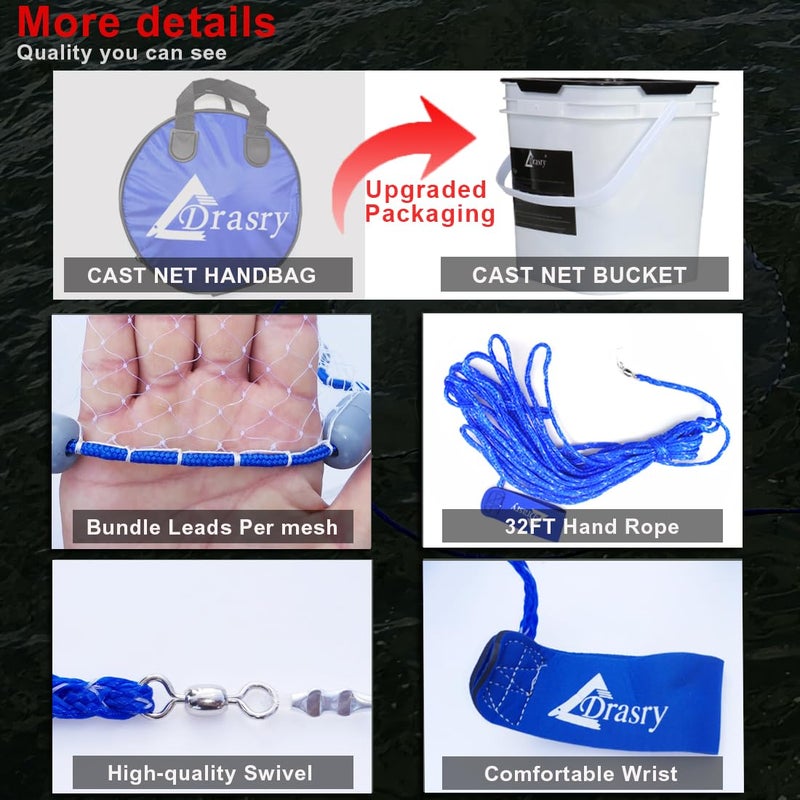Drasry Saltwater Fishing Cast Net 3/8 and 1/4 Mesh with Heavy Duty Gray Sinker American Monofilament Fish Throw Net for Bait Trap 3FT 4FT 5FT 6FT 7FT 8FT 9FT Radius 3/8, 9FT Radius /270cm - Image 5