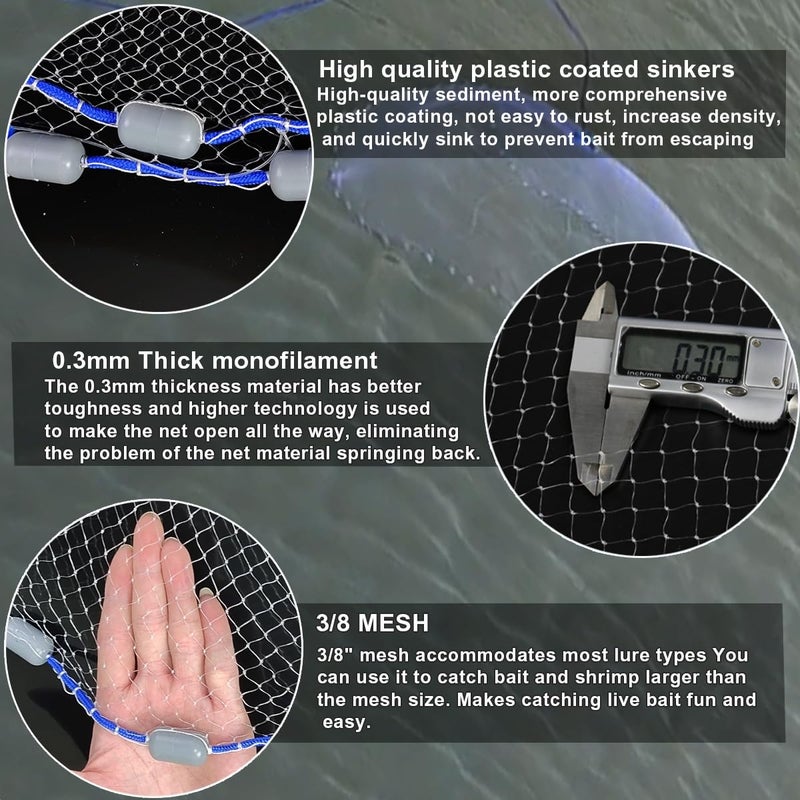 Drasry Saltwater Fishing Cast Net 3/8 and 1/4 Mesh with Heavy Duty Gray Sinker American Monofilament Fish Throw Net for Bait Trap 3FT 4FT 5FT 6FT 7FT 8FT 9FT Radius 3/8, 9FT Radius /270cm - Image 3