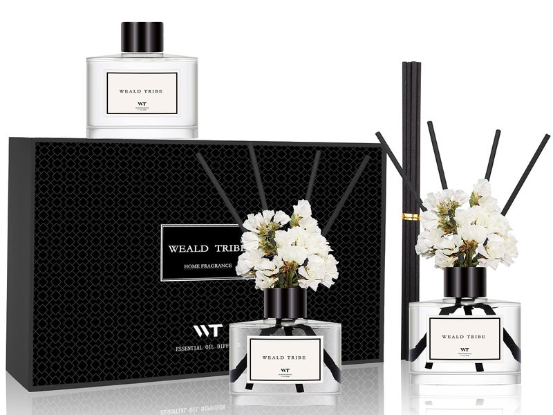 WEALD TRIBE Real Flower Reed Diffuser Set of 3 for Bathroom Air Fresheners, Oil Defusers | Fresh Linen/Ocean/Eucalyptus & Mint Scent(1.7 fl oz Each Pack) Home Fragrance with 12 Stick | Shelf Decor - Image 2
