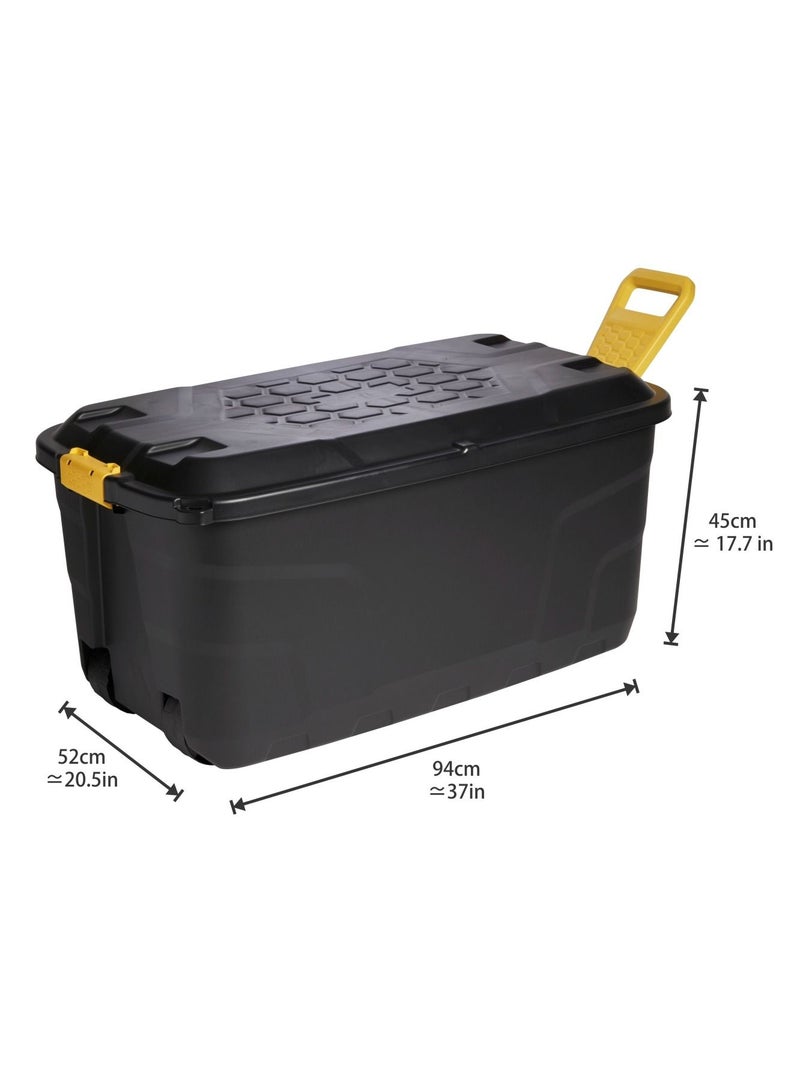 Strata Strata, Made in UK, Heavy Duty Outdoor Storage Box with Lid, Wheels and Handle, Storage Trunk 145 Litres, 94L x 52W x 45H cm - Black-STR-XW447-BLK/YEL-EX  - Image 3