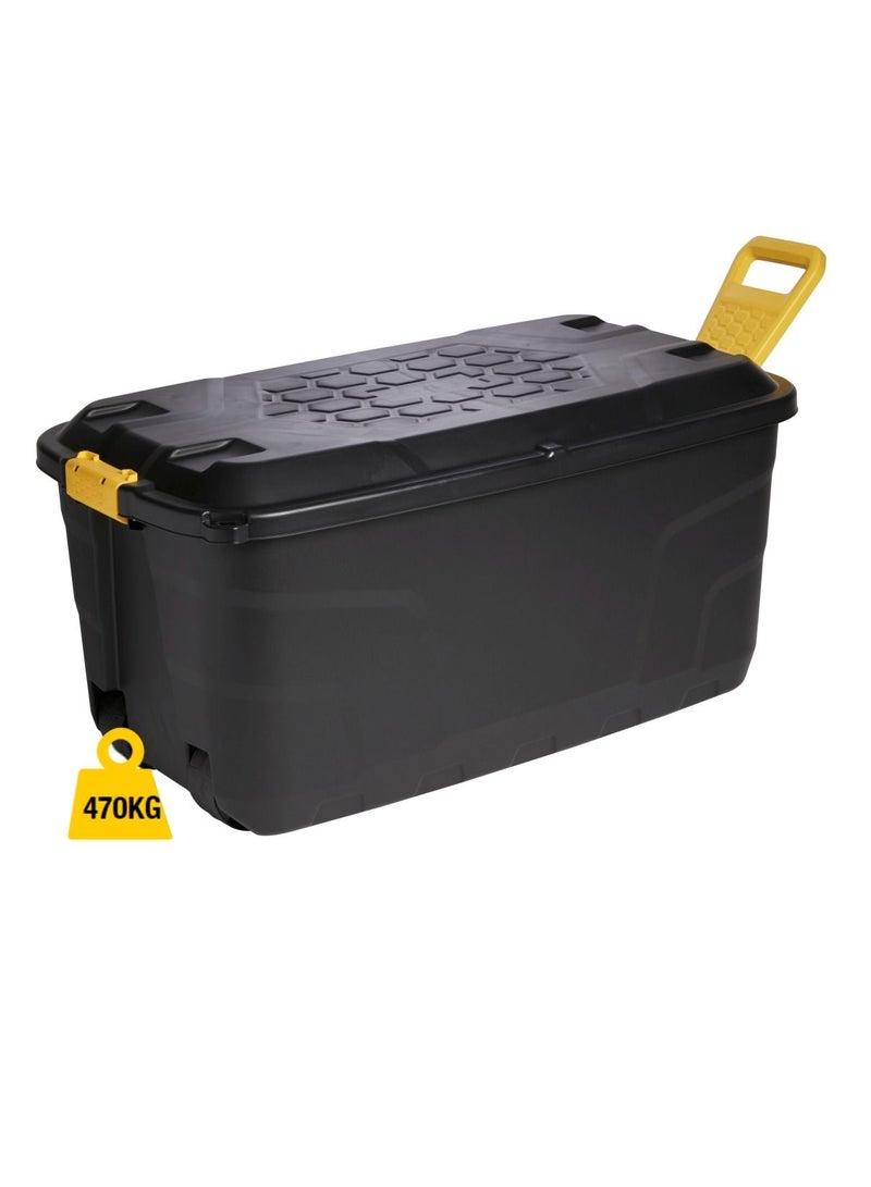 Strata Strata, Made in UK, Heavy Duty Outdoor Storage Box with Lid, Wheels and Handle, Storage Trunk 145 Litres, 94L x 52W x 45H cm - Black-STR-XW447-BLK/YEL-EX  - Image 2