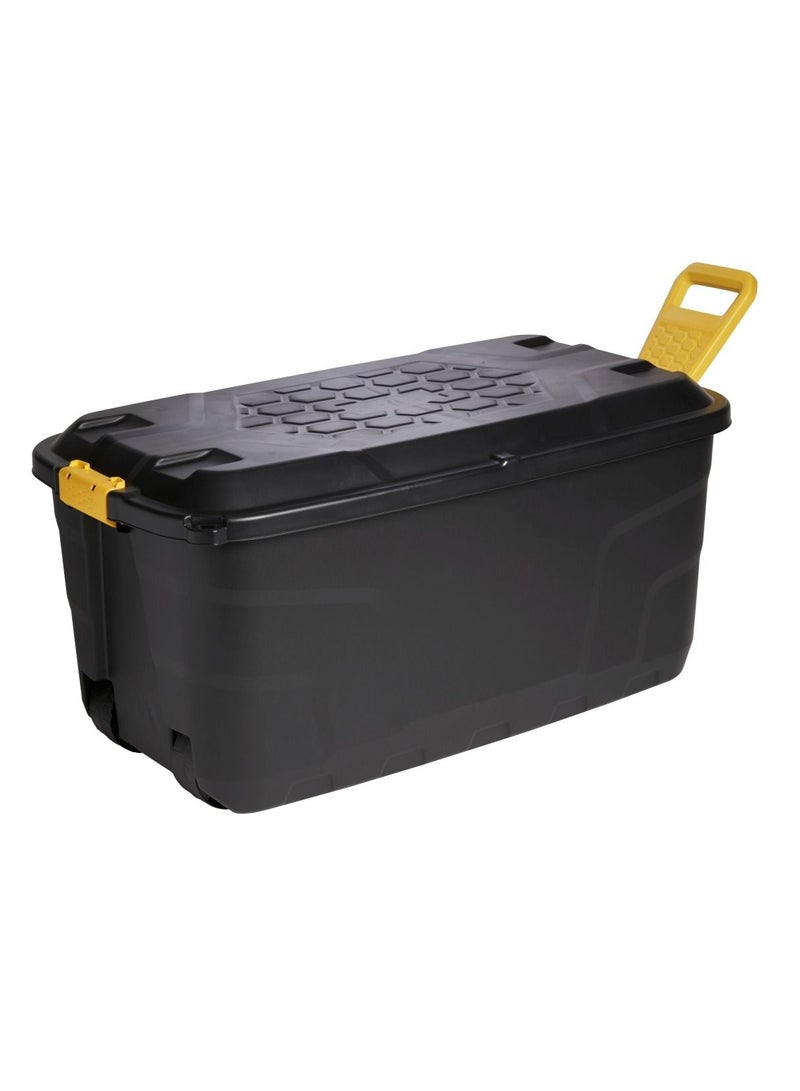 Strata Strata, Made in UK, Heavy Duty Outdoor Storage Box with Lid, Wheels and Handle, Storage Trunk 145 Litres, 94L x 52W x 45H cm - Black-STR-XW447-BLK/YEL-EX  - Image 1