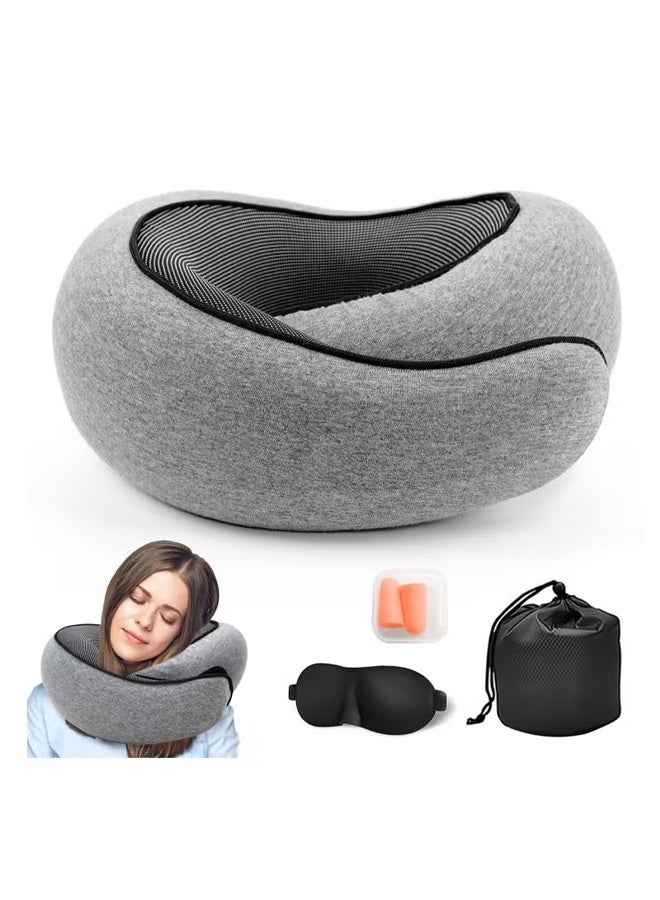 Travel Pillow for Airplane,Ergonomic Neck Pillow With Ear Plugs, Eye Mask, Carry Bag , Memory Foam Pillow for Sleeping and Neck Support (Grey) - Image 1