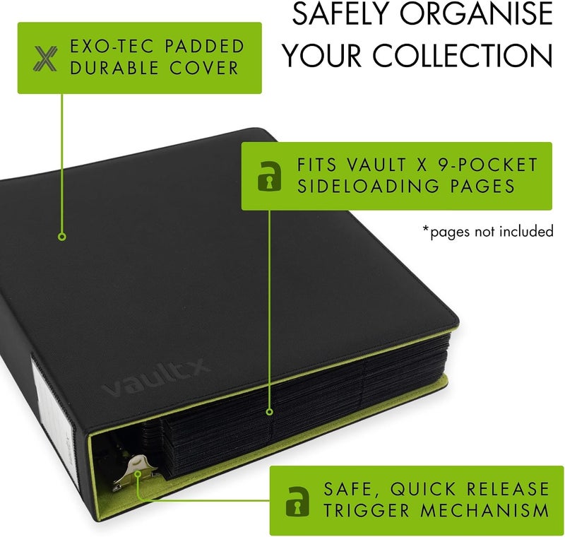 Vault X Trading Card 3 Ring Binder - Fits 9 Pocket Pages, Holds 900 Cards, Exo-Tec Material, Easy Open D-Ring Clip Folder (Black/Electric Green, Large) - Image 4
