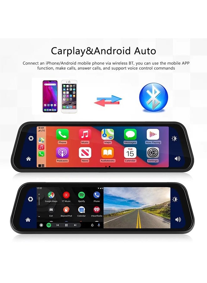 Digisand - Dashcam 4K Carplay Wireless Android Car Bluetooth 9.66 Inch IPS Touchscreen Front Camera Rear View Camera Waterproof Night Vision WDR Car Camera Rear View Mirror Parking Monitor Free 128G TF Card - Image 1