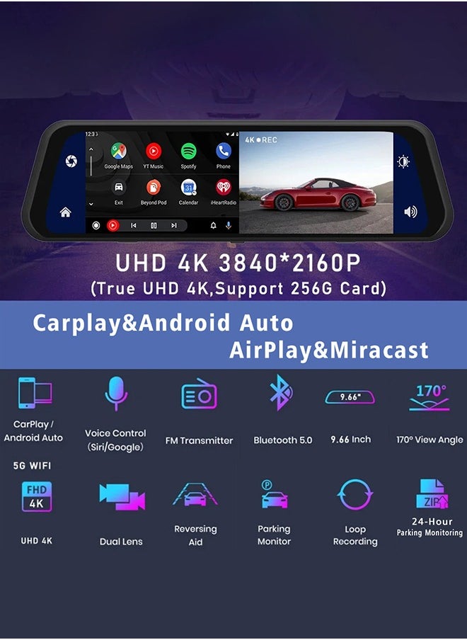 Digisand - Dashcam 4K Carplay Wireless Android Car Bluetooth 9.66 Inch IPS Touchscreen Front Camera Rear View Camera Waterproof Night Vision WDR Car Camera Rear View Mirror Parking Monitor Free 128G TF Card - Image 1