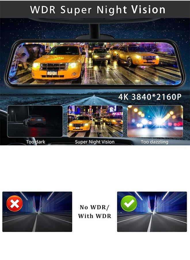 Digisand - Dashcam 4K Carplay Wireless Android Car Bluetooth 9.66 Inch IPS Touchscreen Front Camera Rear View Camera Waterproof Night Vision WDR Car Camera Rear View Mirror Parking Monitor Free 128G TF Card - Image 1