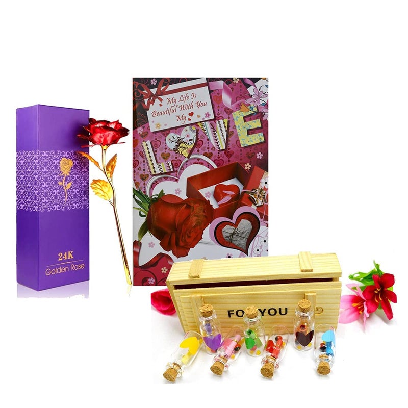 Natali Traders Love Gift for Boyfriend Girlfriend Artificial Red Rose with 7 Message Bottle Set with Wooden Box and Love Greeting Card Birthday Gift