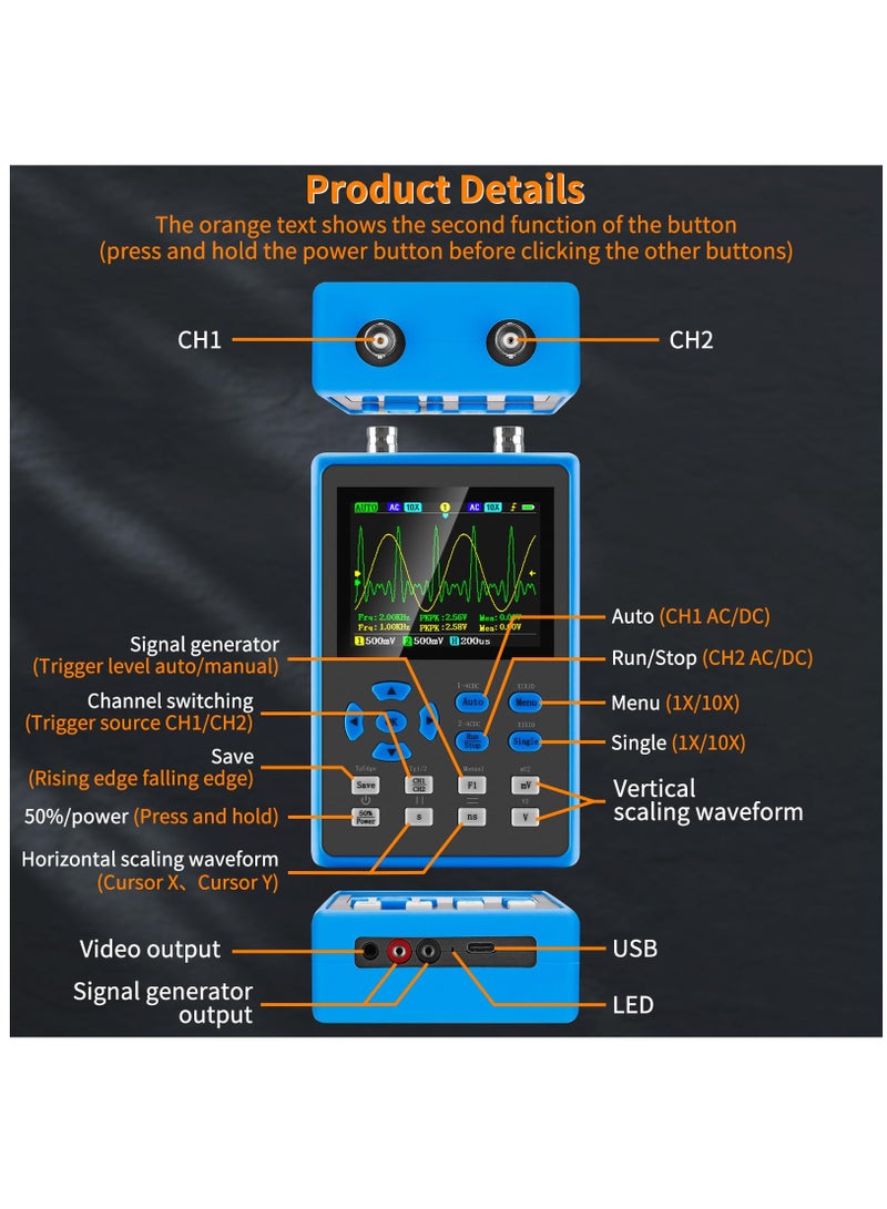 Zikra Handheld Digital Oscilloscope Kit - 2 Channel 2.8"TFT Mini Automotive Oscilloscope Bandwidth 120Mhz Digital Oscilloscopes Portable 500MS/s Sampling Rate, Vertical Sensitivity 10mV/div~10V/div - Image 2