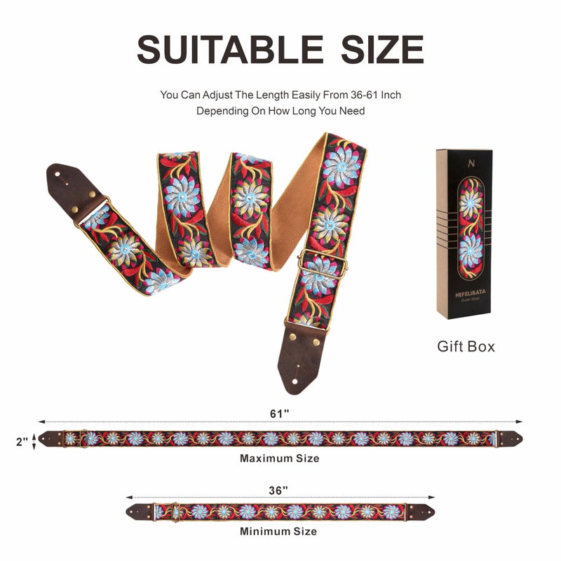 Nefelibata Guitar Strap,Crazy Horse Leather Jacquard Embroidery Cotton Guitar Straps for Bass, Electric & Acoustic, Best Gifts for Guitarists(Retro Black Daisy) - Image 5