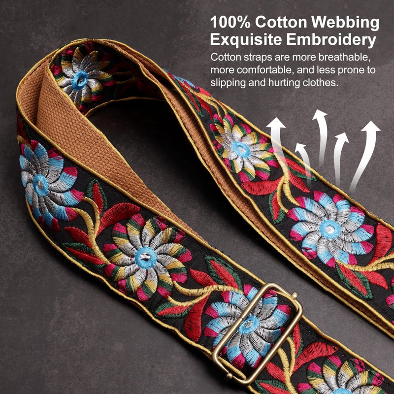 Nefelibata Guitar Strap,Crazy Horse Leather Jacquard Embroidery Cotton Guitar Straps for Bass, Electric & Acoustic, Best Gifts for Guitarists(Retro Black Daisy) - Image 4