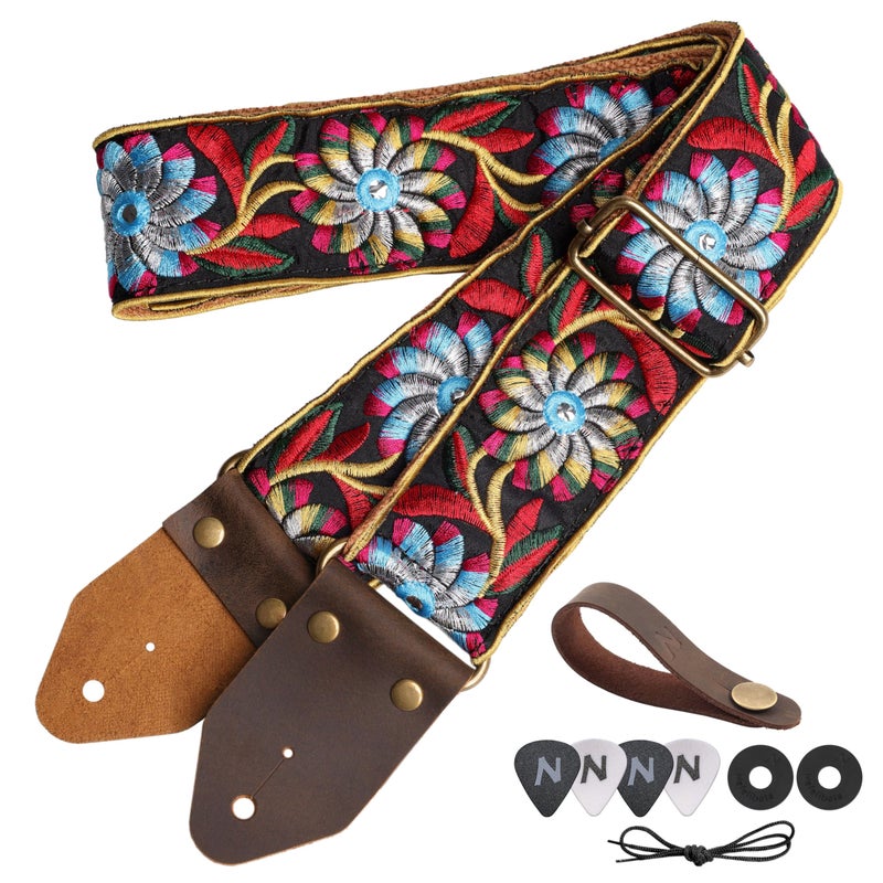 Nefelibata Guitar Strap,Crazy Horse Leather Jacquard Embroidery Cotton Guitar Straps for Bass, Electric & Acoustic, Best Gifts for Guitarists(Retro Black Daisy) - Image 1