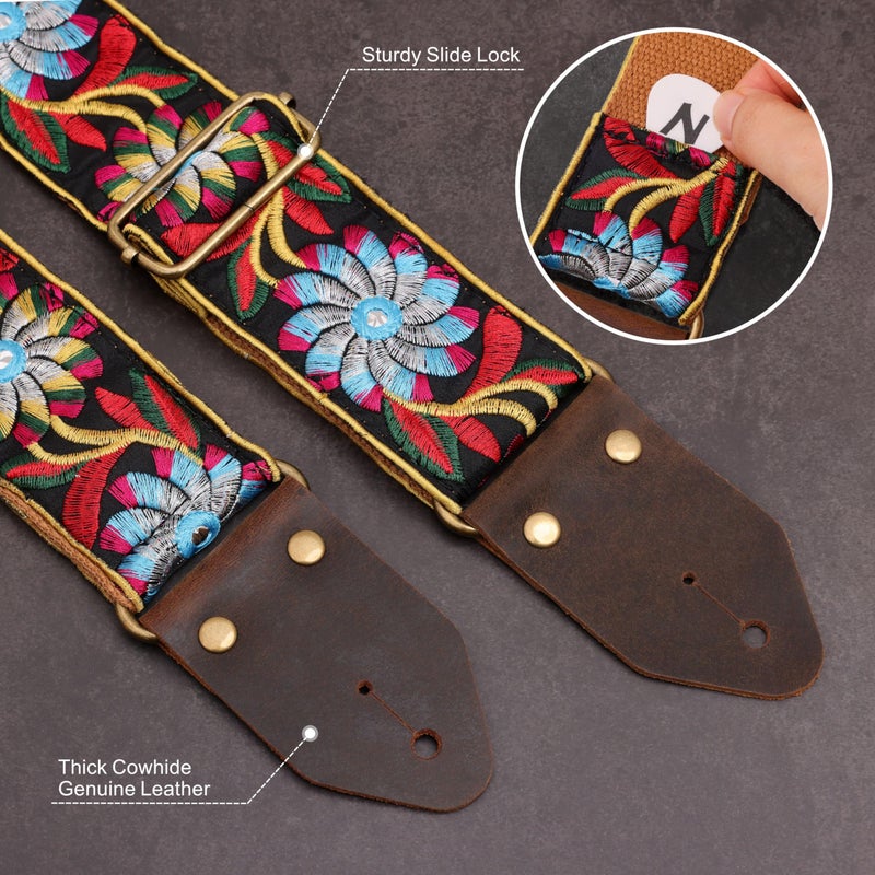 Nefelibata Guitar Strap,Crazy Horse Leather Jacquard Embroidery Cotton Guitar Straps for Bass, Electric & Acoustic, Best Gifts for Guitarists(Retro Black Daisy) - Image 3