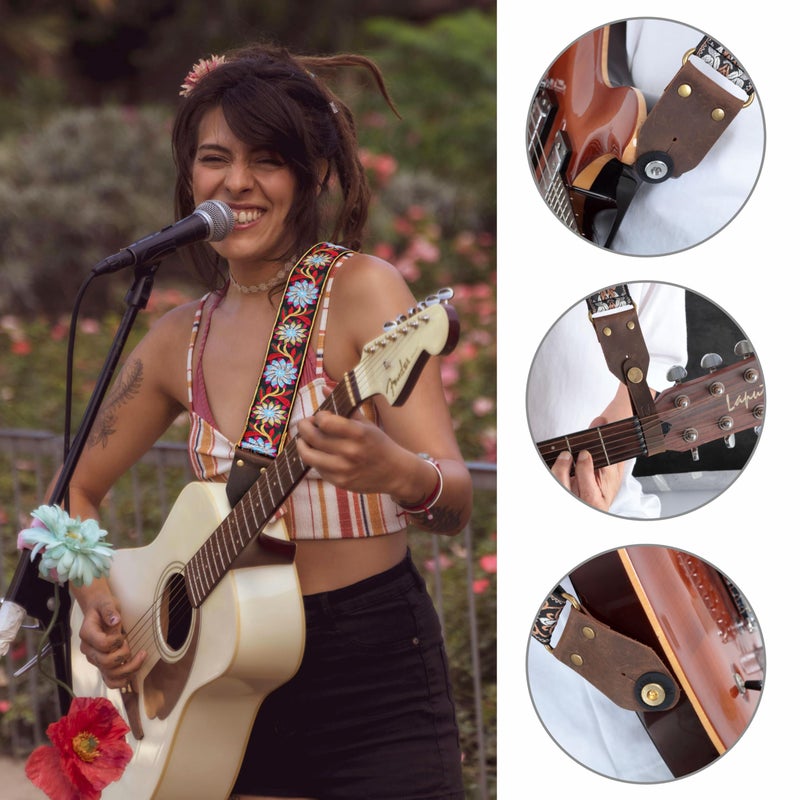 Nefelibata Guitar Strap,Crazy Horse Leather Jacquard Embroidery Cotton Guitar Straps for Bass, Electric & Acoustic, Best Gifts for Guitarists(Retro Black Daisy) - Image 2