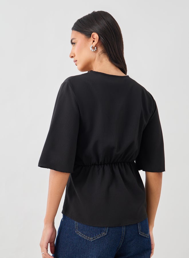 Styli Styli Solid V-Neck Tie-Up Waist Blouse  - Image 5