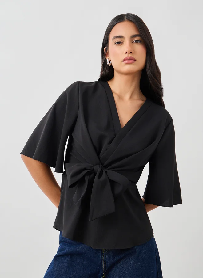 Styli Solid V-Neck Tie-Up Waist Blouse