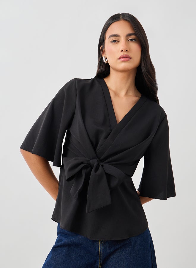 Styli Styli Solid V-Neck Tie-Up Waist Blouse  - Image 3