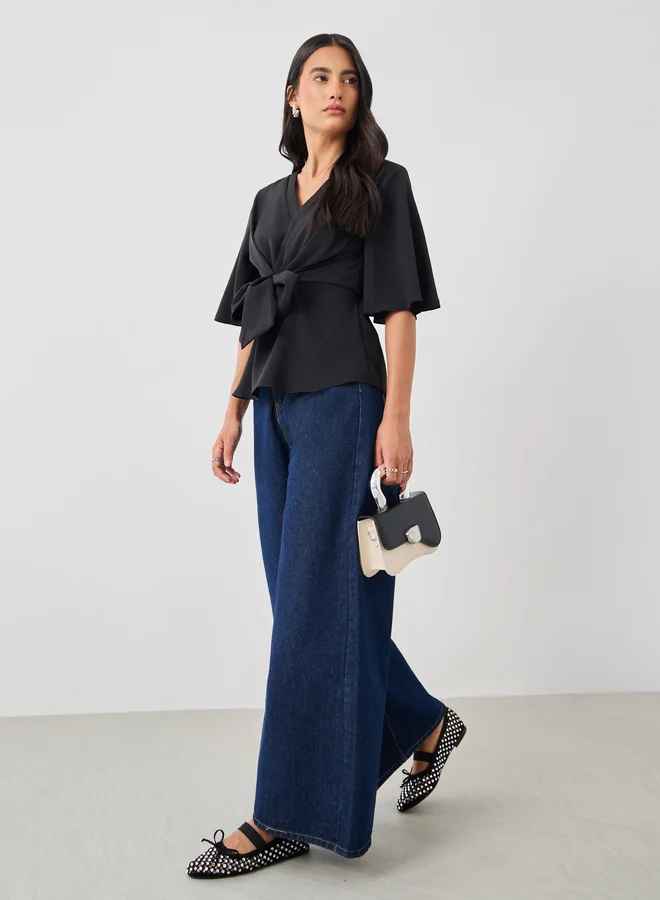 ستايلي Styli Solid V-Neck Tie-Up Waist Blouse