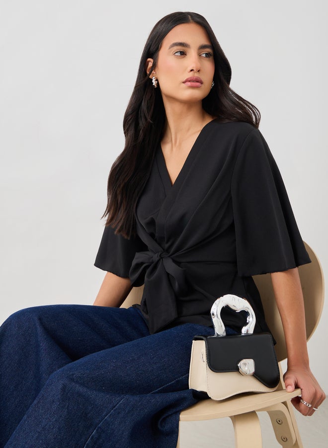 Styli Styli Solid V-Neck Tie-Up Waist Blouse  - Image 1