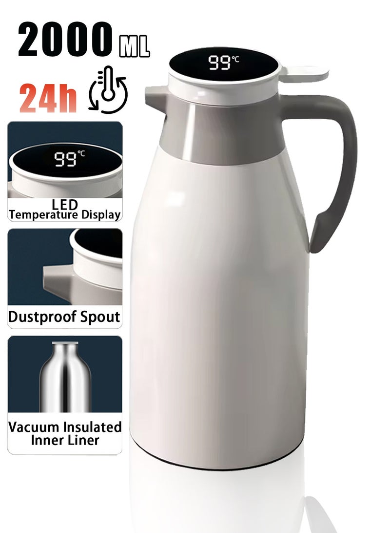 ترمس، زجاجة حرارية سعة 2000 مل مع شاشة عرض درجة حرارة LED - قارورة مفرغة بسعة كبيرة جدًا مع بطانة زجاجية، عزل حراري سميك، مادة آمنة على الطعام، صب بزر واحد، فوهة مقاومة للغبار، إبريق ماء ساخن متين للشاي والقهوة والحليب - مثالي للمنزل والمكتب والسفر والأنشطة الخارجية واستخدام كبار السن - Image 1