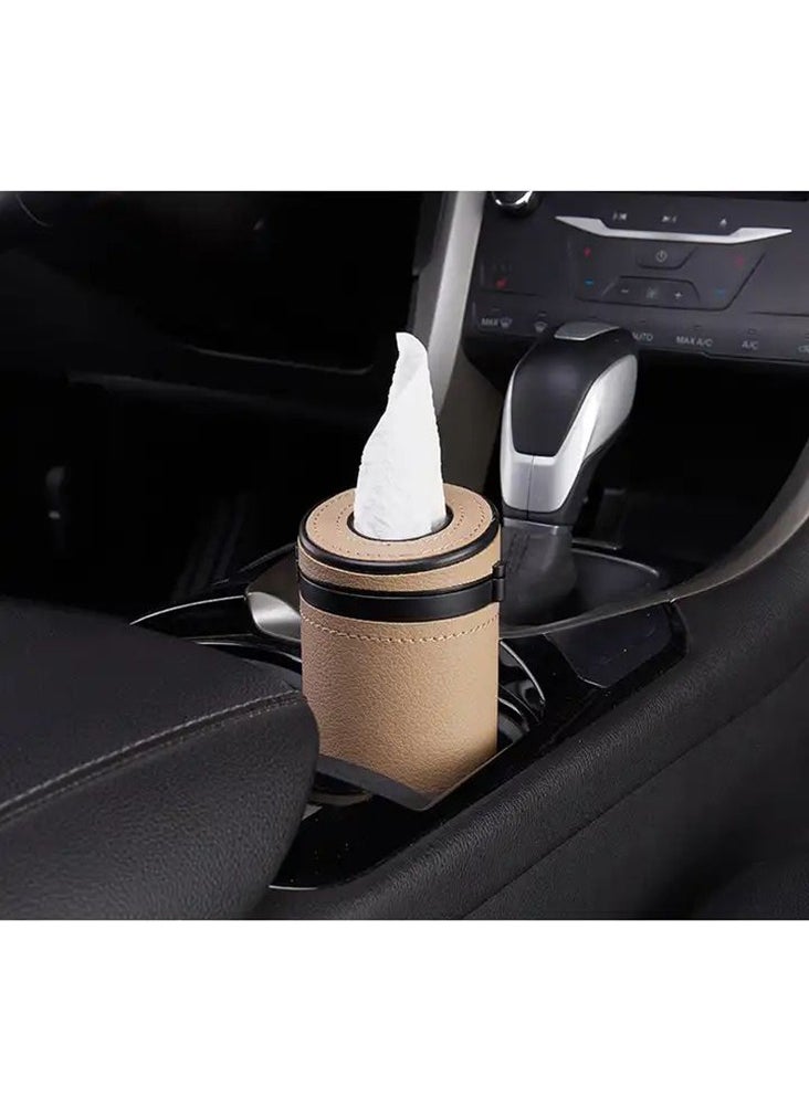 CARONIC 1 Pcs Cylinder Tissue Box for Car, Leather Tissue Box Holder ,Car Interior Leather Tissue Cup Beige  - Image 3