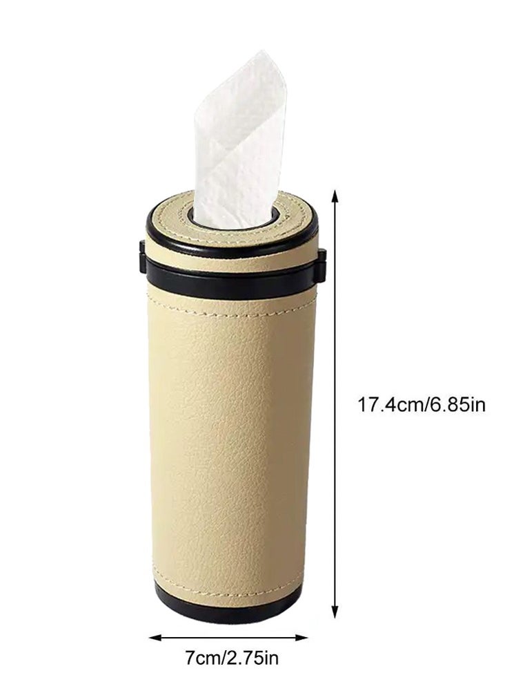 CARONIC 1 Pcs Cylinder Tissue Box for Car, Leather Tissue Box Holder ,Car Interior Leather Tissue Cup Beige  - Image 2