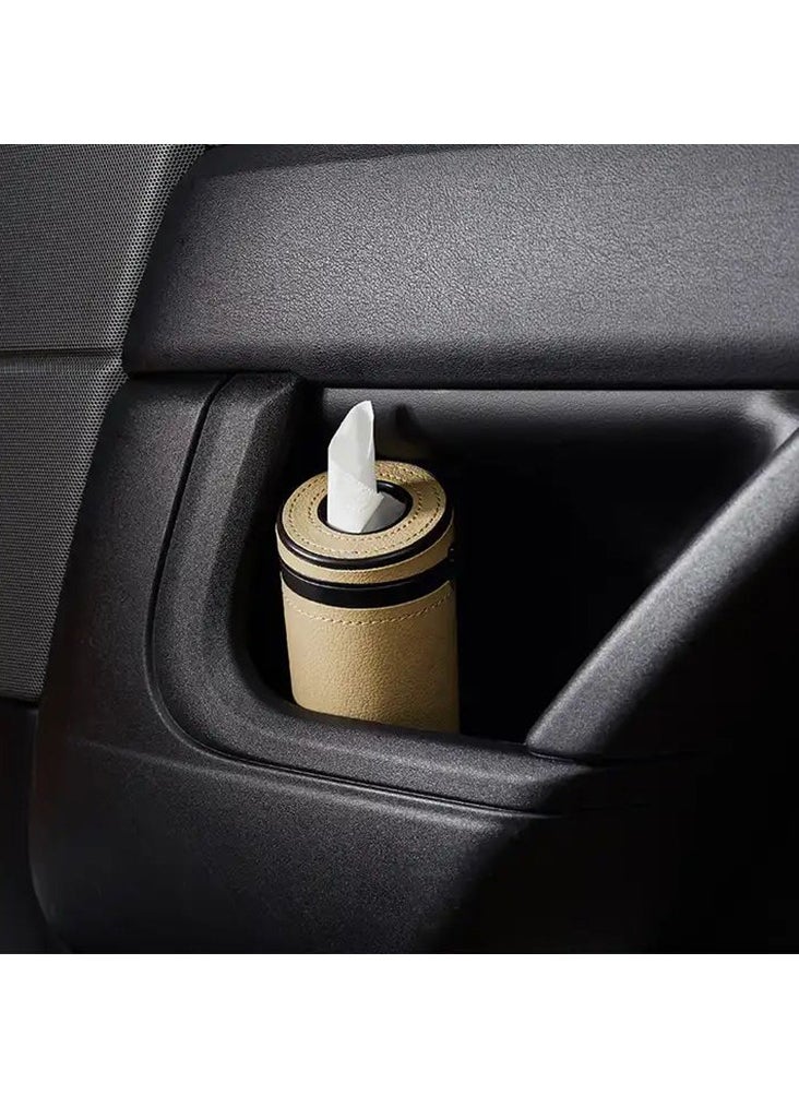 CARONIC 1 Pcs Cylinder Tissue Box for Car, Leather Tissue Box Holder ,Car Interior Leather Tissue Cup Beige  - Image 4