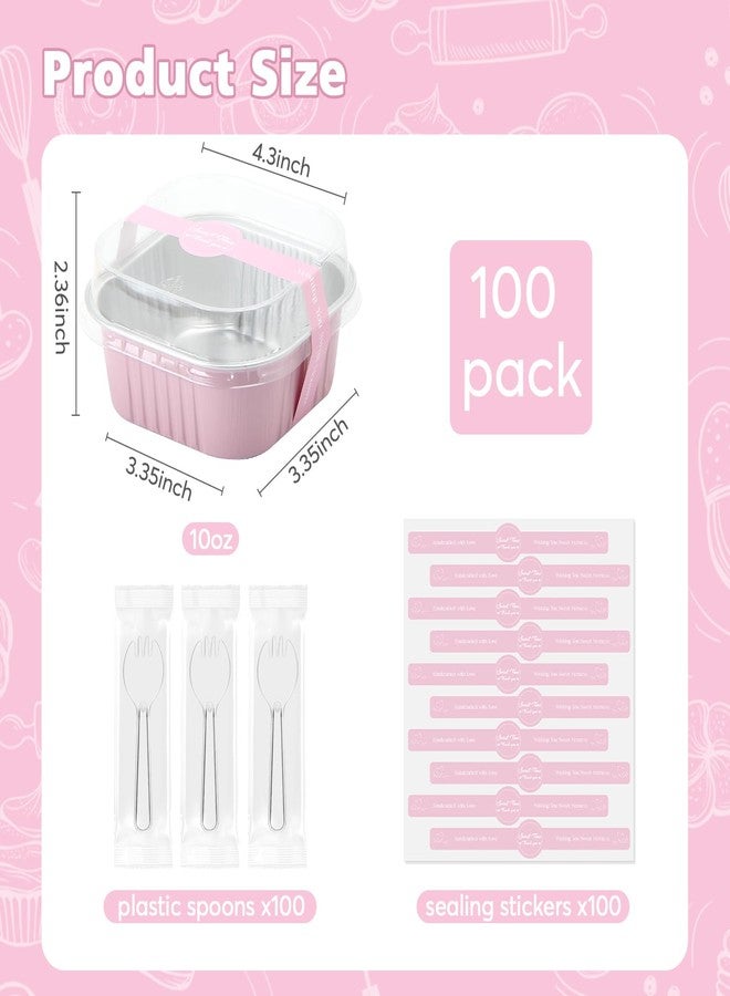 Ruckae 100 Pcs Mini Square Baking Cups with Lids-Disposable Foil Dessert Containers,Mini Cake Pans with Lids,Aluminum Dessert Cups for Parties and Weddings (Pink, 10oz) - Image 2