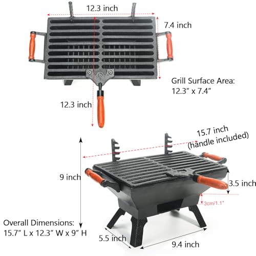Sungmor Compact Cast Iron Charcoal Grill - Tabletop BBQ Grill with Adjustable Grate & Wooden Handles, 12” x 7” Ideal for 1-3 People - Portable Heavy-Duty Grill for Camping, Balcony & Small Spaces - Image 3