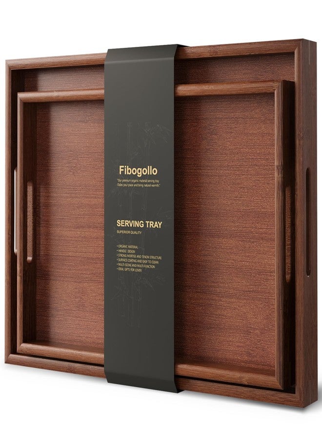 Fibogollo Bamboo Set of 2 Serving Tray with Handles,Decorative Trays Platter,Breakfast Tray in Bed,Food Drinks Tray for Eating,Working,Storing(Brown) - Image 1