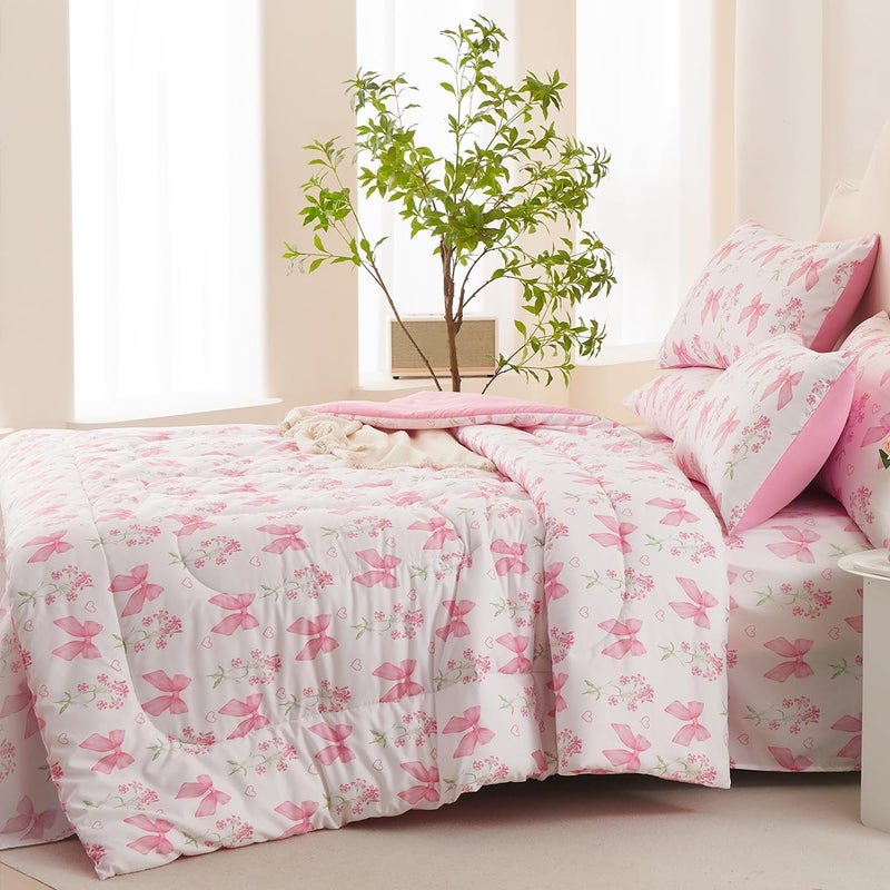 CCoutueChen Pink Bow Comforter Set Queen 3Pcs Pink Floral Bedding Set for Girls Kids Romantic Princess Style Bowknot Bedding Ultra Soft Reversible Garden Flower Comforter Sets with 2 Pillowcases - Image 3