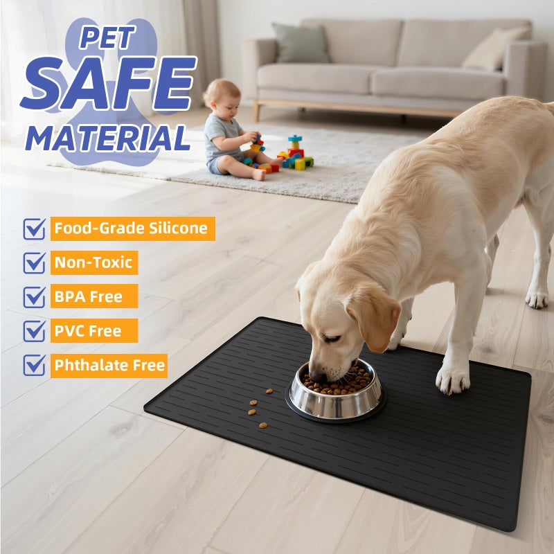 Jet Lag Large Dog Mats for Food and Water, 40"x30" Waterproof Pet Food Mats for Floor Nonslip Silicone Bowl Mats with Raised Edges - Image 4