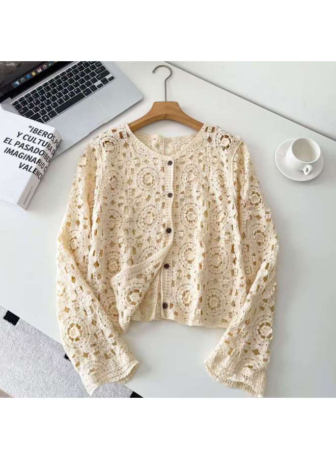 Apricot Korean Style Hollow Crochet Knitted Cardigan, Loose Slim Long Sleeve Chic Top for Women