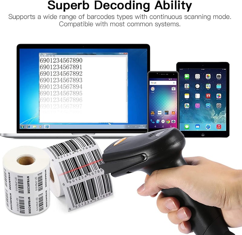 Wired Barcode Scanner, Handheld Lasers Bar Code Re Wireless Bluetoothes Code Scanner for POS Mobile Payment Warehouse Library Supermarket Convenience Store - Image 2