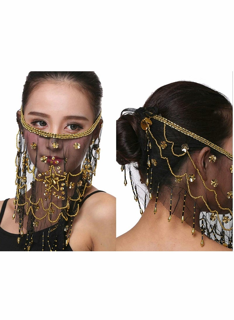 KASTWAVE Women Belly Dance Face Veil, Belly Dance Face Veil Beads Sequins - Image 4
