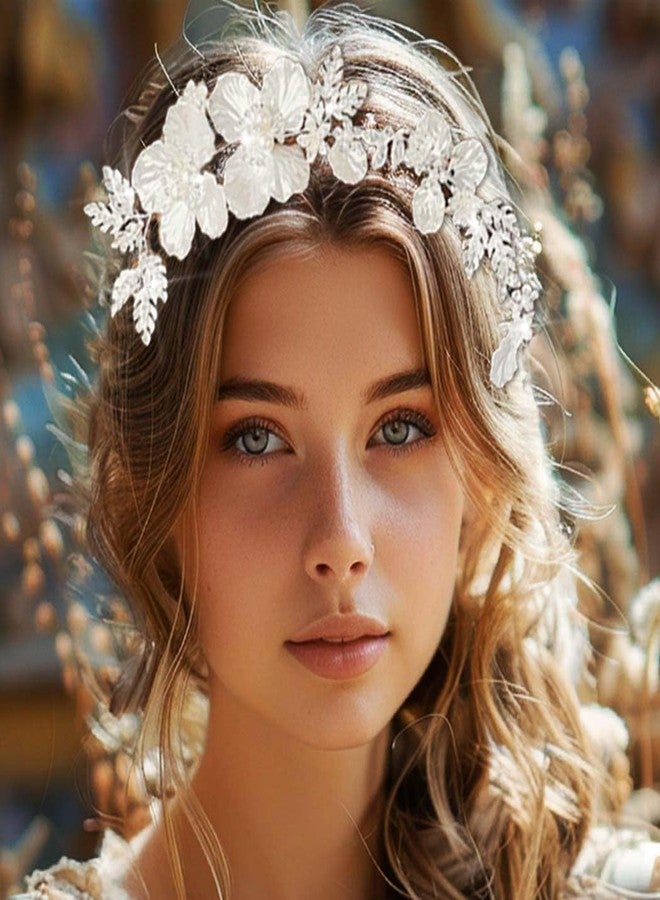 Unicra Flower Silver Hair Vine Bridal Wedding Hair Piece Pearl Hair Accessories for Women and Brides - Image 3