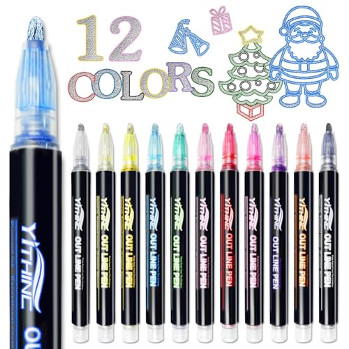 YITHINC Outline Shimmer Markers, 12 Glitter Metallic Gel Pens for Coloring, Christmas Stocking Stuffers Gifts for Teen Girls, Teenage Boys Trendy Stuff, Men, Women, Adults, Cool Cute Fun Arts Crafts Supplies - Image 1