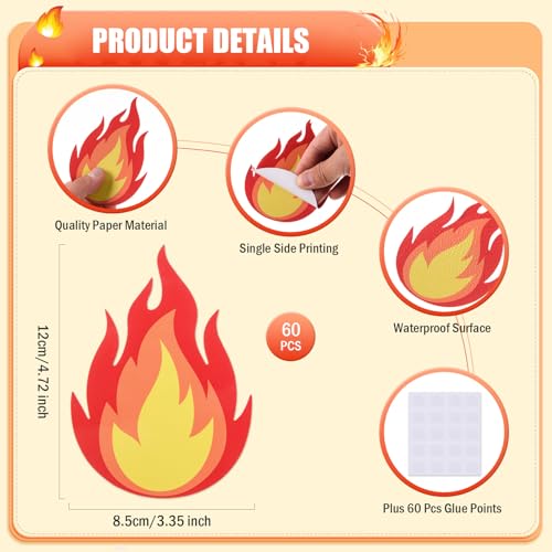FOBSME 60 Pcs Fire Cutouts 4.72x3.35 Inch Flame Cutout Waterproof Fire Bulletin Board Cutouts Paper Flame Die Cuts with Glue Point for Fire Truck Firefighter Theme Classroom Birthday Party Decor - Image 2