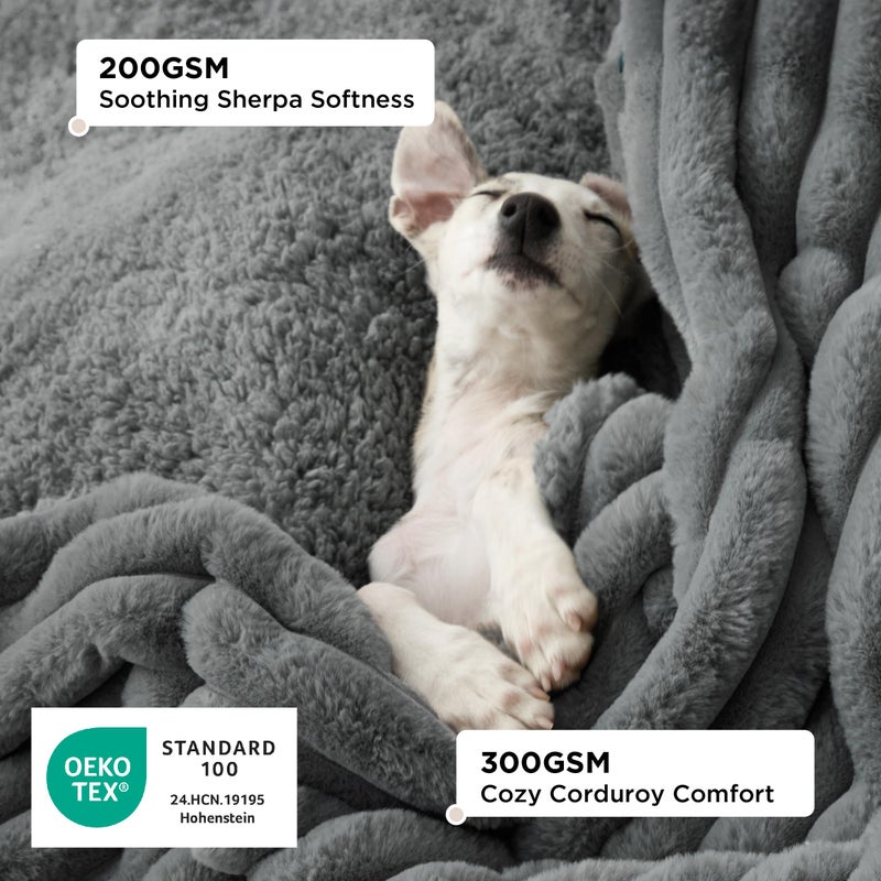 Bedsure ComfyFleeceâ„¢ Waterproof Dog Blankets for Large Dogs - Soft Pet Cat Blanket Corduroy Fleece for Couch Bed Protector Washable, Cozy Calming Reversible Furniture Protection,50"x60", Warm Grey - Image 2