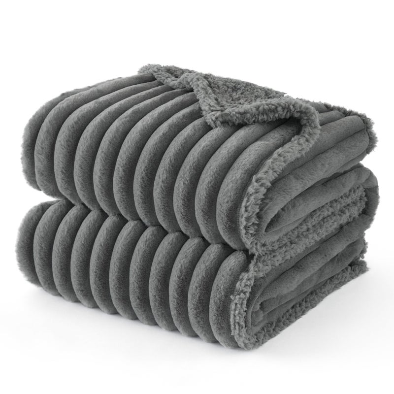 Bedsure ComfyFleeceâ„¢ Waterproof Dog Blankets for Large Dogs - Soft Pet Cat Blanket Corduroy Fleece for Couch Bed Protector Washable, Cozy Calming Reversible Furniture Protection,50"x60", Warm Grey - Image 1