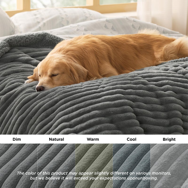 Bedsure ComfyFleeceâ„¢ Waterproof Dog Blankets for Large Dogs - Soft Pet Cat Blanket Corduroy Fleece for Couch Bed Protector Washable, Cozy Calming Reversible Furniture Protection,50"x60", Warm Grey - Image 5