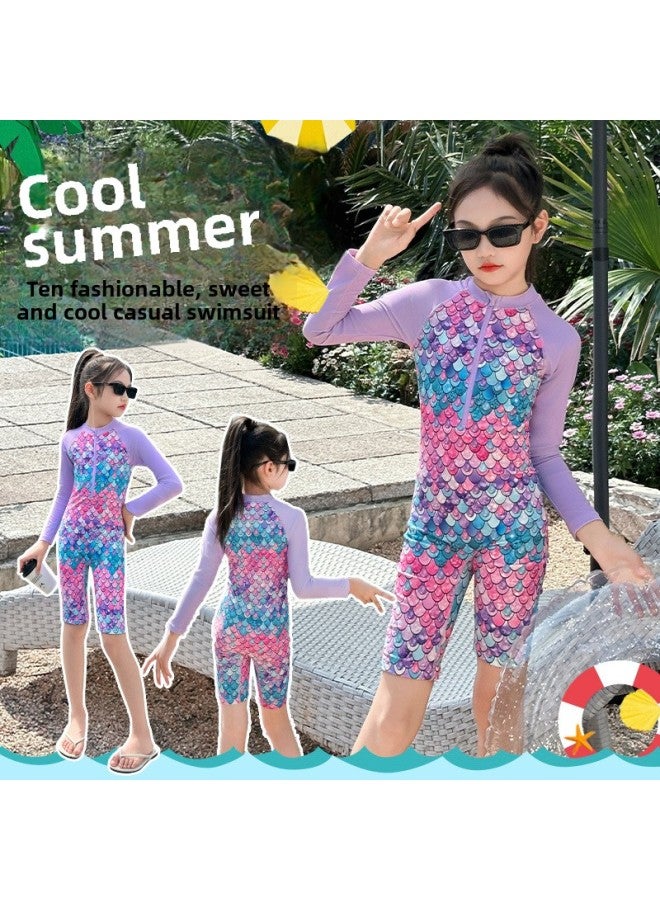 Generic Children's Swimsuit Girls' One-piece Swimsuit Long-sleeved Beach Sunscreen Mermaid Swimsuit-Color:Picture Color-Size:130cm  - Image 2