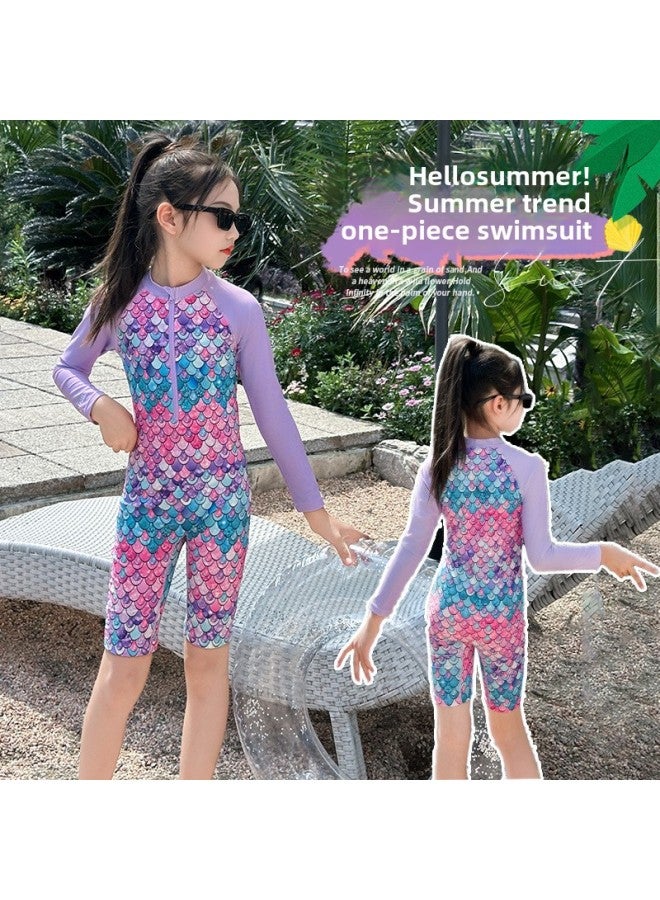 Generic Children's Swimsuit Girls' One-piece Swimsuit Long-sleeved Beach Sunscreen Mermaid Swimsuit-Color:Picture Color-Size:130cm  - Image 3