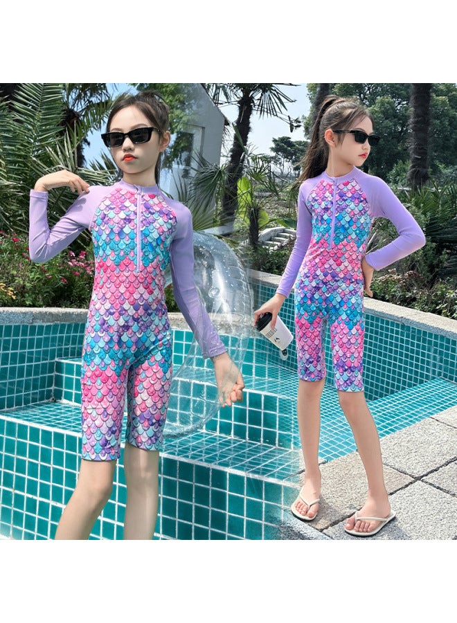 Generic Children's Swimsuit Girls' One-piece Swimsuit Long-sleeved Beach Sunscreen Mermaid Swimsuit-Color:Picture Color-Size:130cm  - Image 5