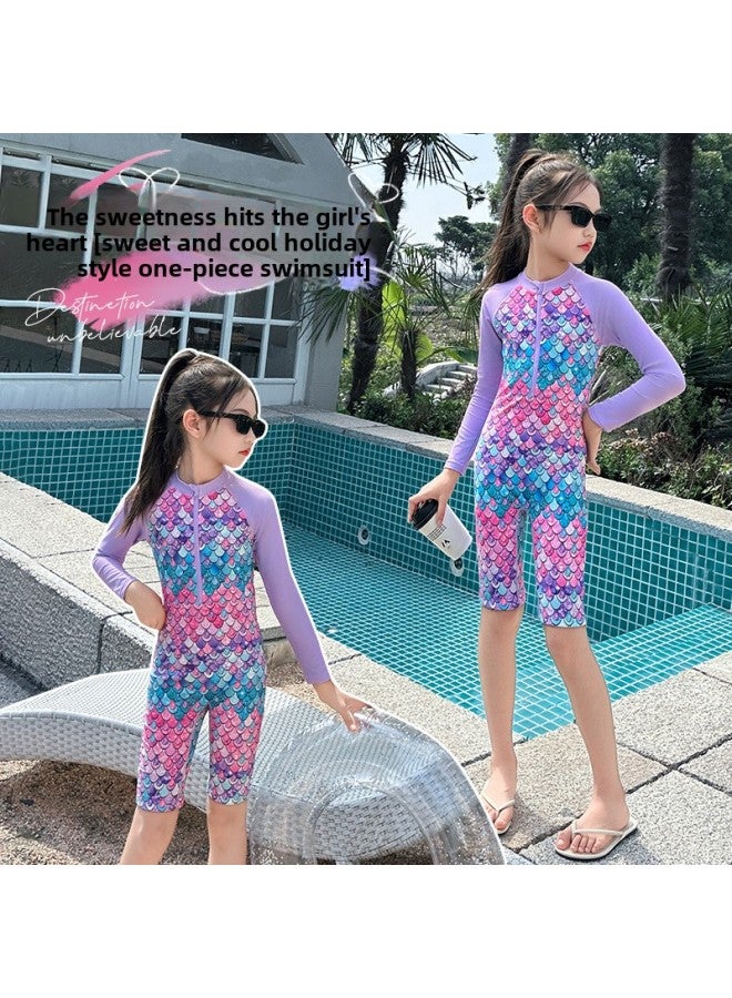 Generic Children's Swimsuit Girls' One-piece Swimsuit Long-sleeved Beach Sunscreen Mermaid Swimsuit-Color:Picture Color-Size:130cm  - Image 4